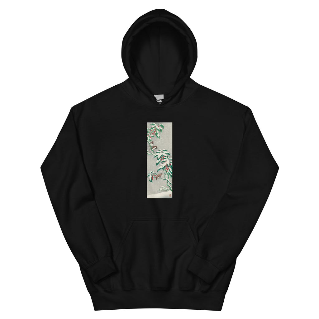 Black Hoodie Sparrows On Snowy Berry Bush Essential