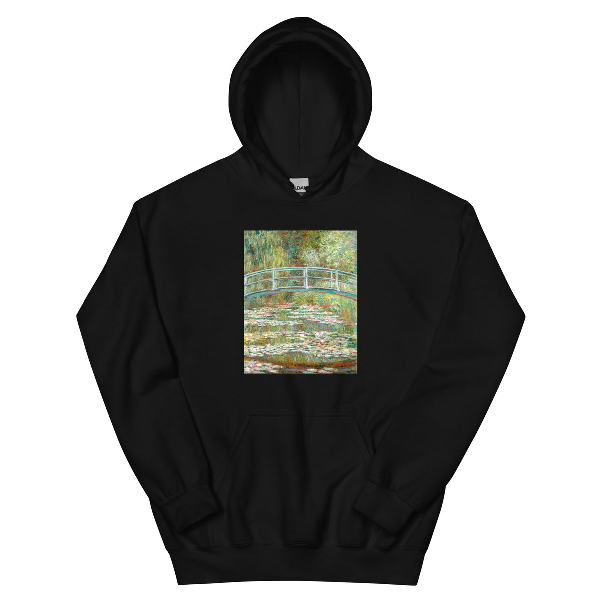 Black Hoodie Bridge Over A Pond Of Water Lilies Essential