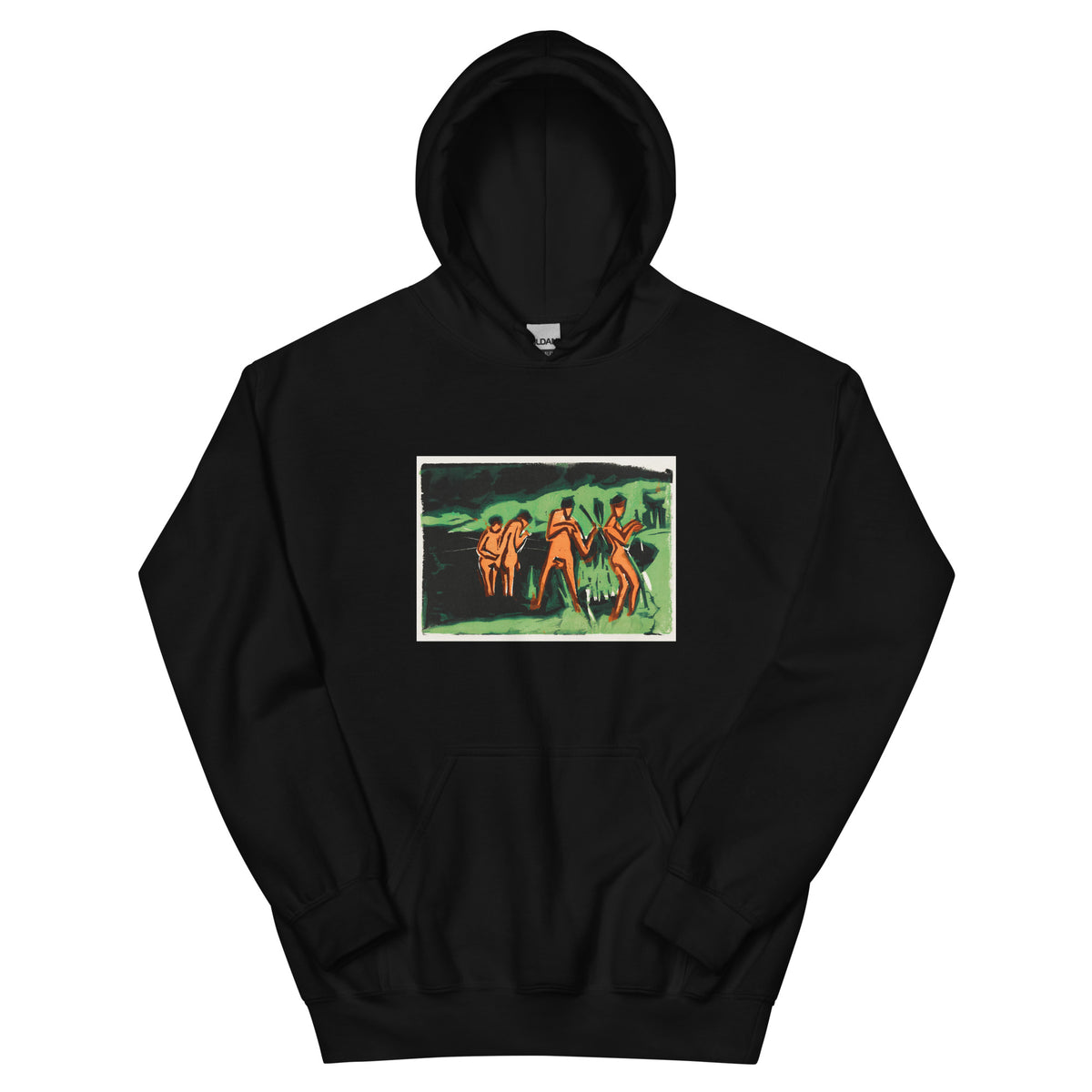 Black Hoodie Bathers Throwing Reeds Print Essential