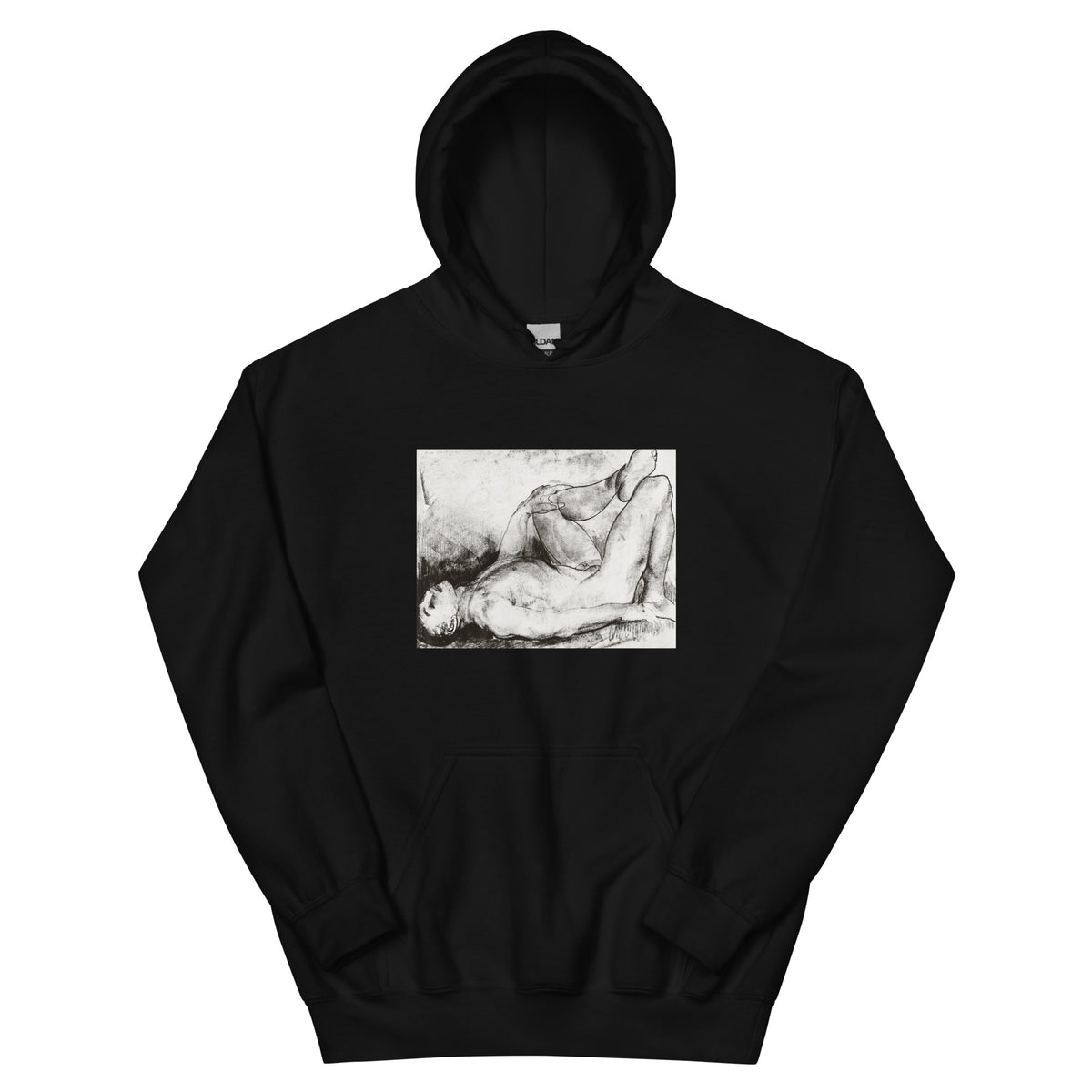 Black Hoodie Man On His Back Nude Print Essential