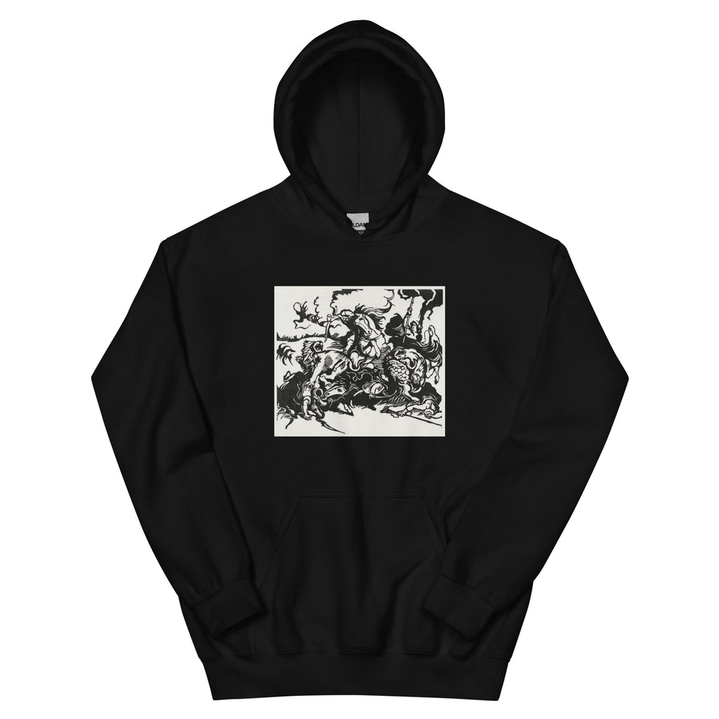 Black Hoodie Lion Hunt Print Essential