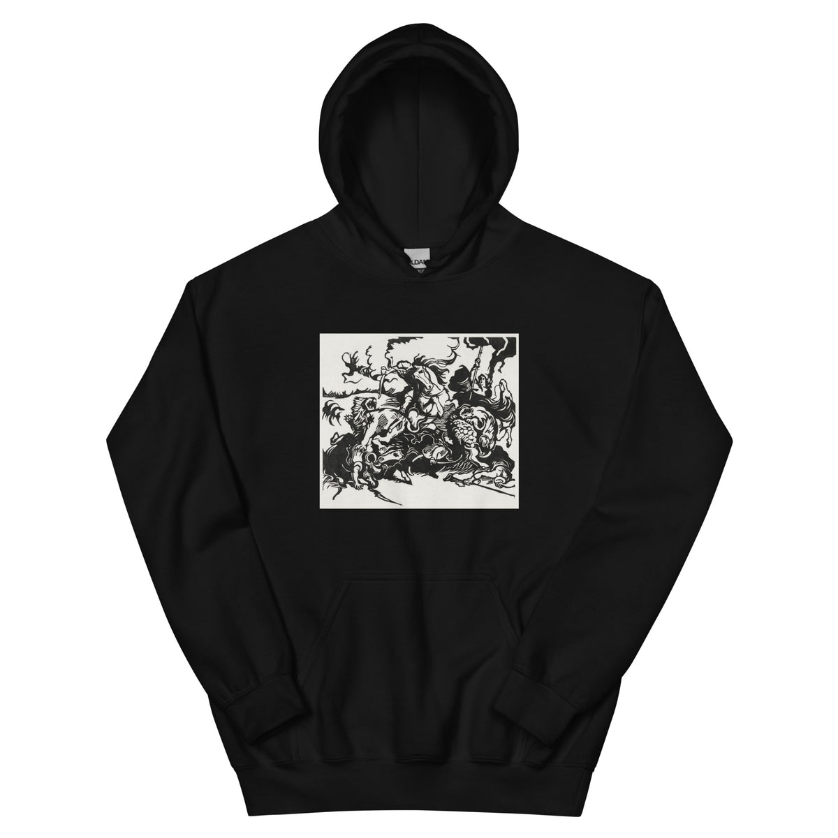 Black Hoodie Lion Hunt Print Essential