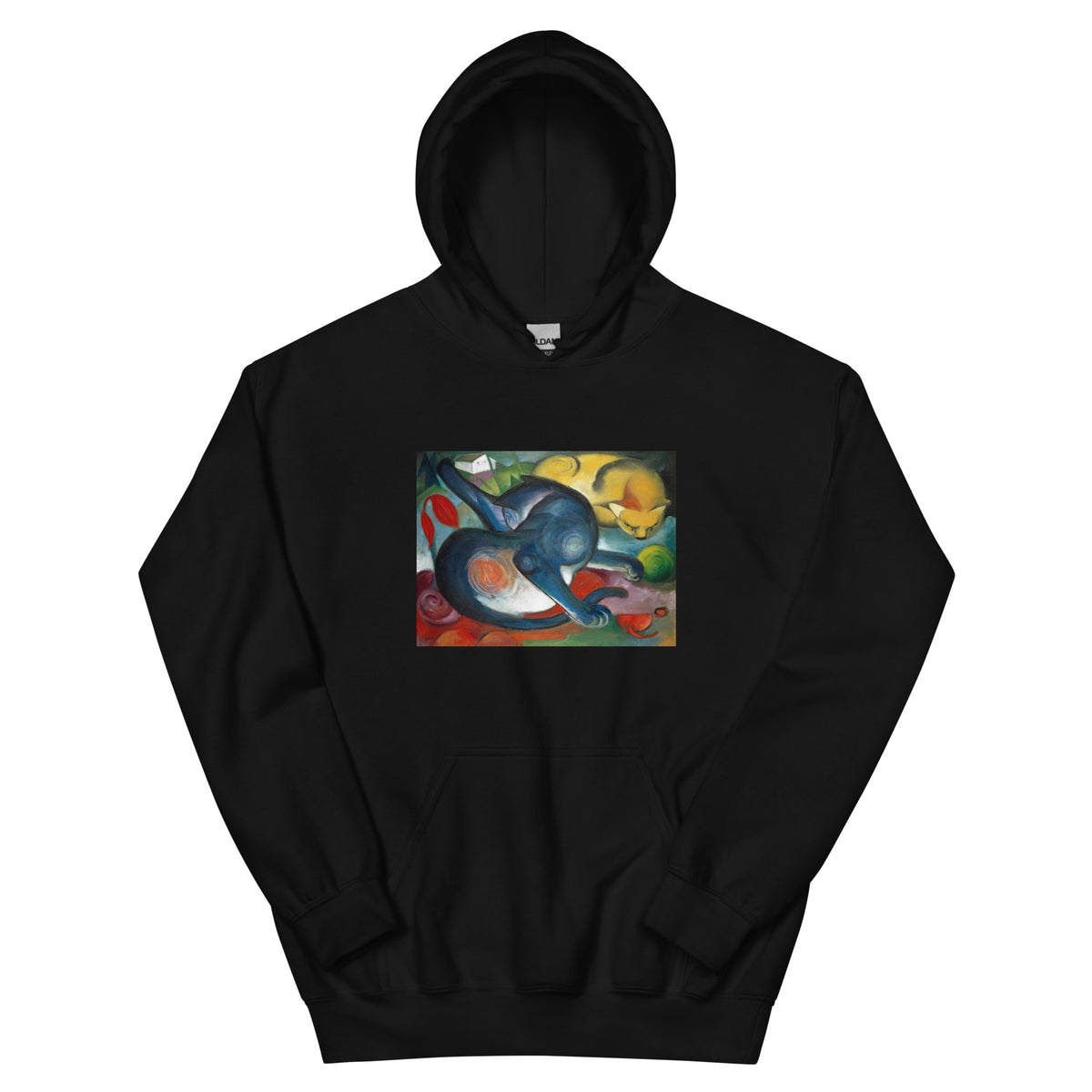 Black Hoodie Two Cats Blue And Yellow Essential