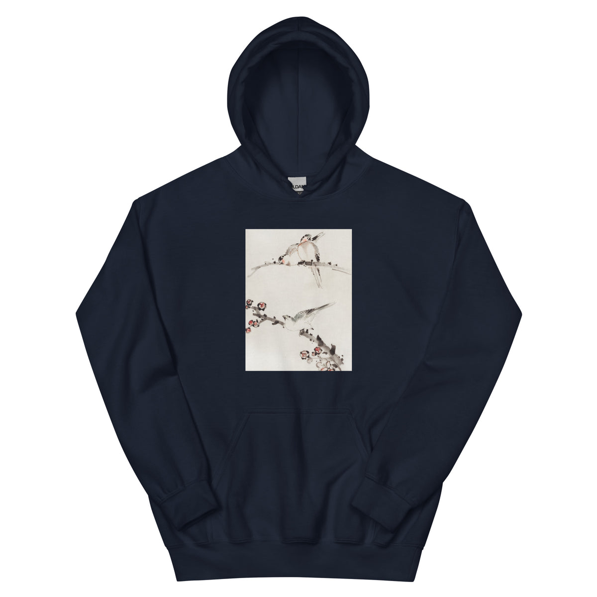 Navy Hoodie Three Birds Perched On Branches One With Blossoms - Katsushika Hokusai Published Between 1830 And 1850 An Illustration Of Three Birds Perched On Branches One With Blossoms Essential