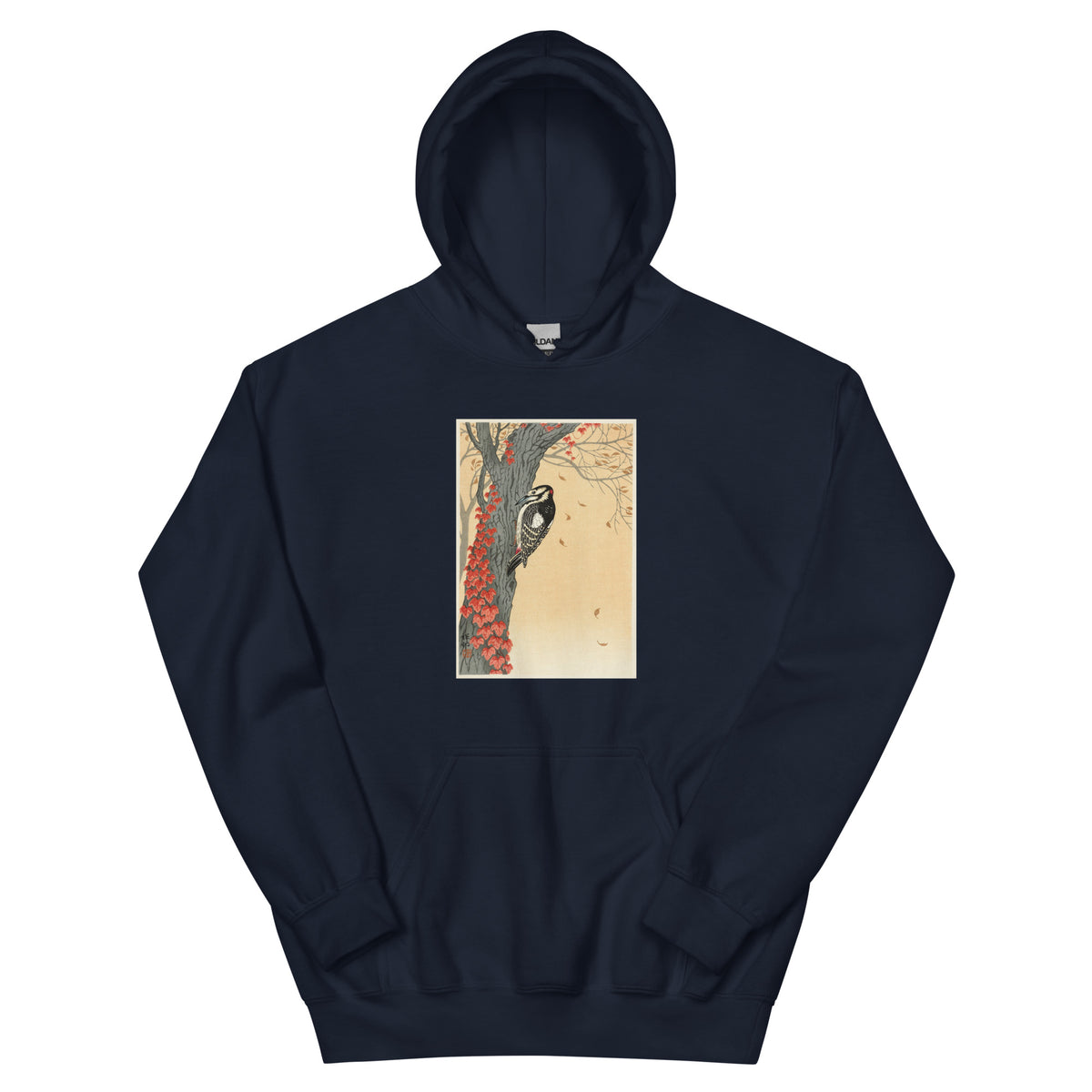 Navy Hoodie Great Spotted Woodpecker In Tree With Red Ivy - Ohara Koson 1925 Essential