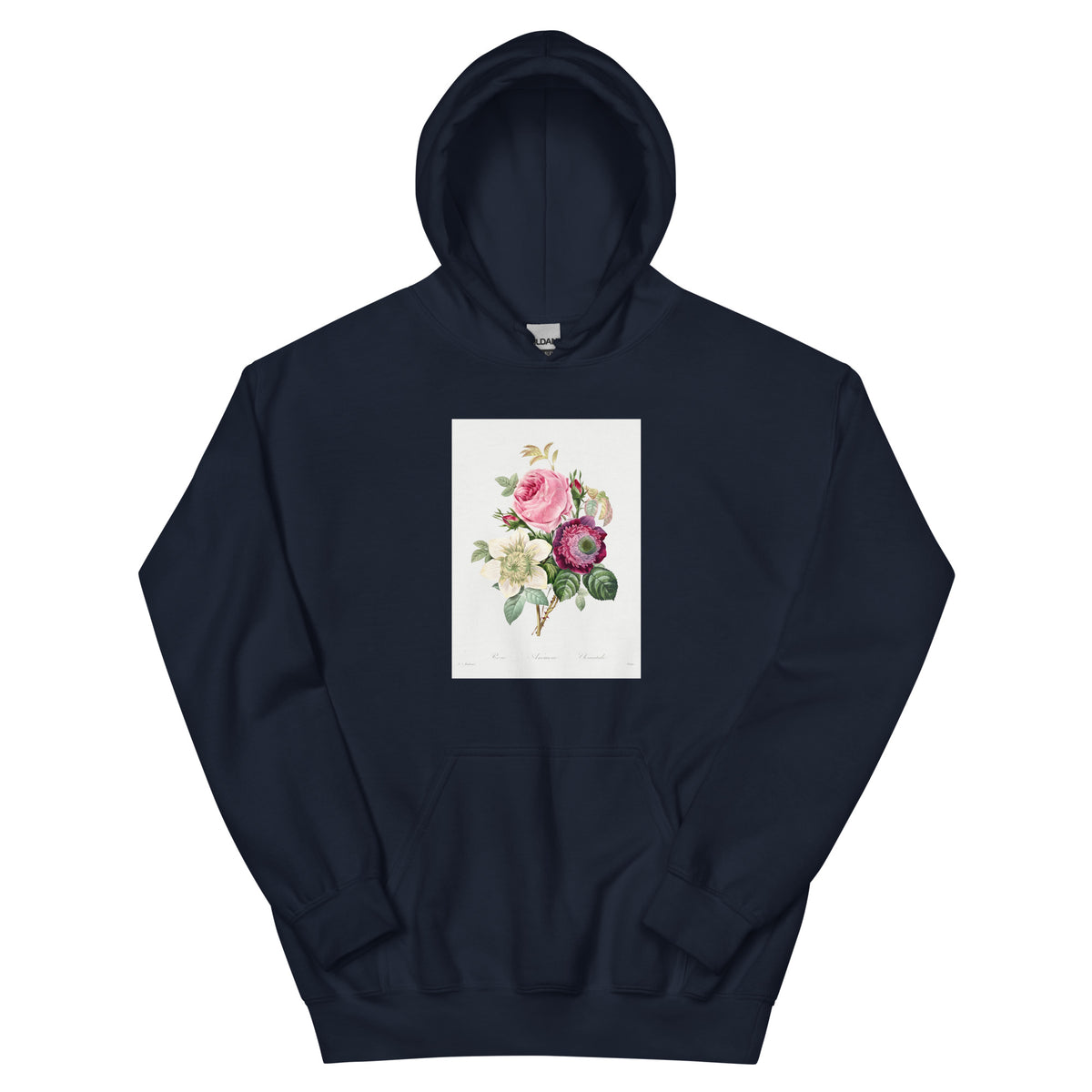 Navy Hoodie Anemone And Cabbage Rose - Pierre-Joseph Redoute 1759 Essential