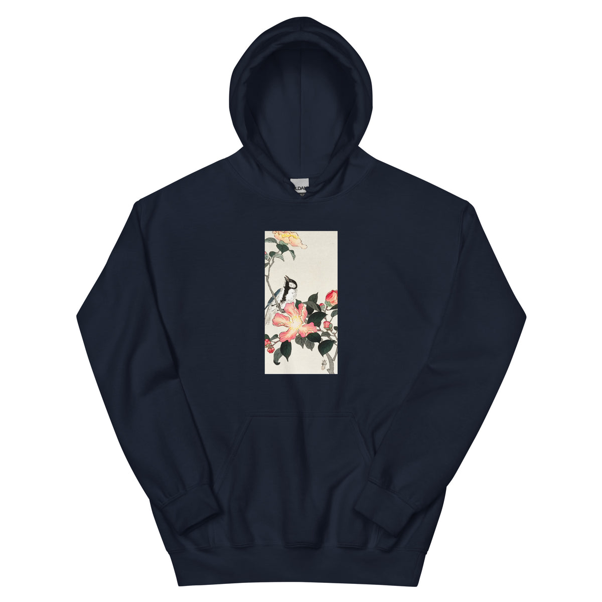 Navy Hoodie Great Tit On Branch With Pink Flowers - Ohara Koson 1900 Essential