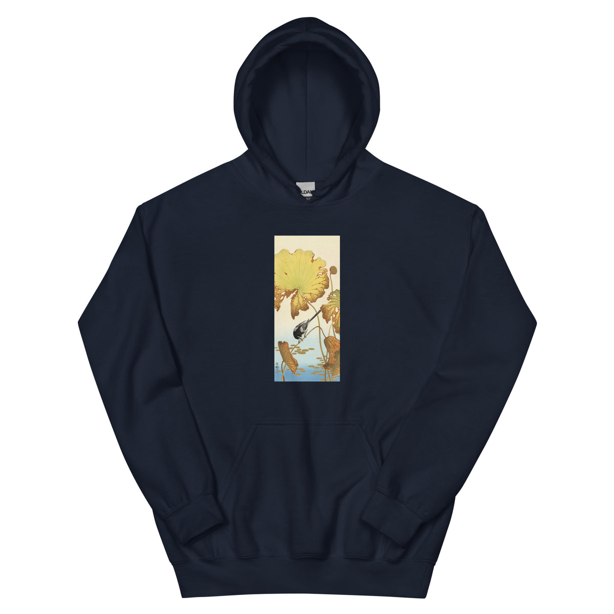 Navy Hoodie Japanese Wagtail On Lotus Plant - Ohara Koson 1925 Essential