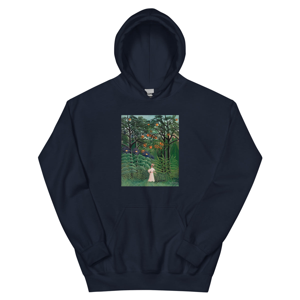 Navy Hoodie Woman Walking In An Exotic Forest Femme Se Promenant Dans Une Foret Exotique Essential