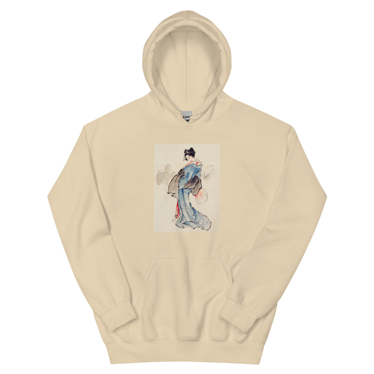 Sand Hoodie Woman Full-Length Portrait Standing Facing Left Holding Fan In Right Hand Wearing Kimono With Check Design - Katsushika Hokusai 1760 Essential