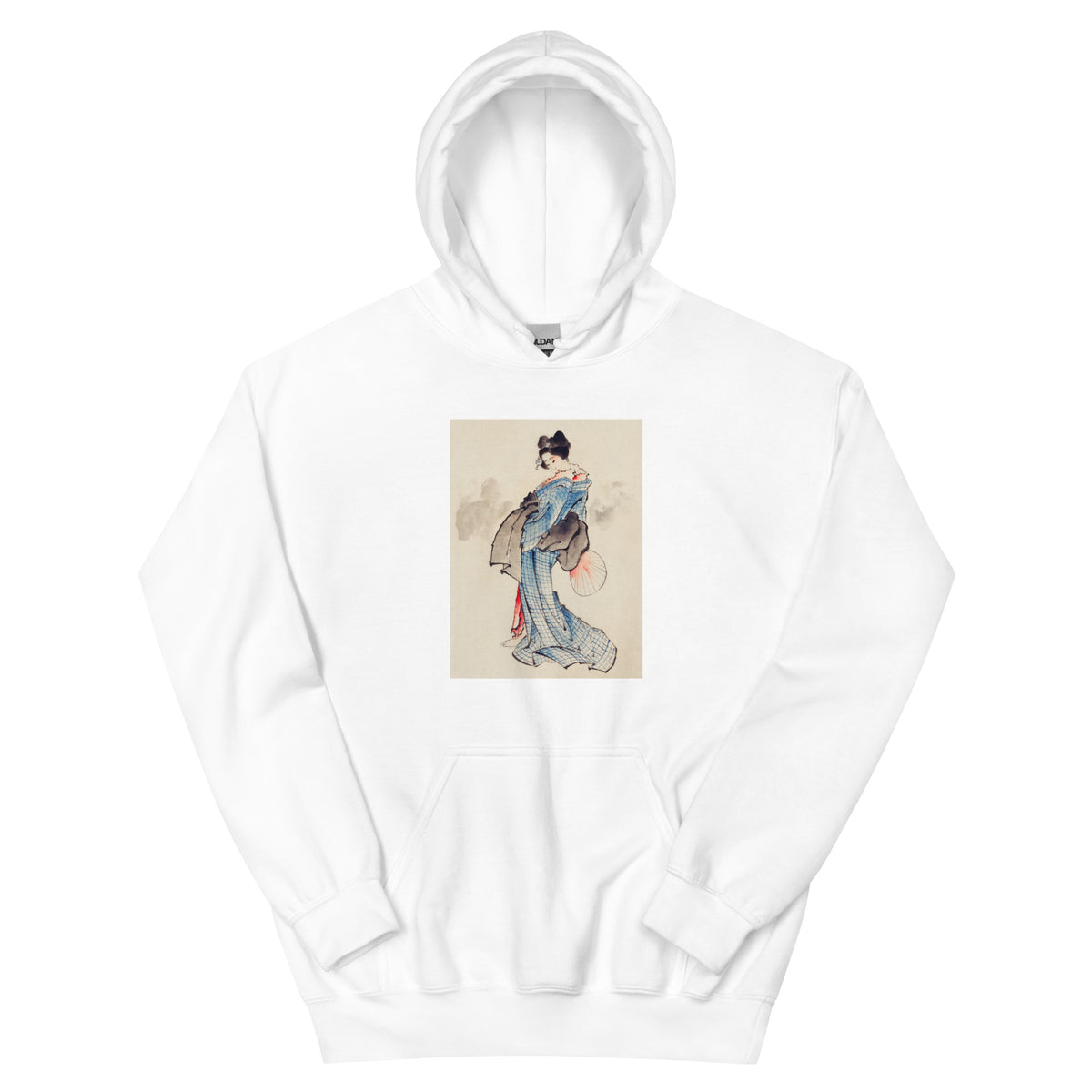 White Hoodie Woman Full-Length Portrait Standing Facing Left Holding Fan In Right Hand Wearing Kimono With Check Design - Katsushika Hokusai 1760 Essential