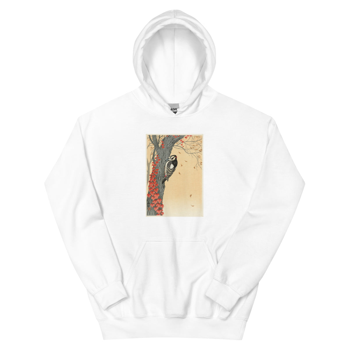 White Hoodie Great Spotted Woodpecker In Tree With Red Ivy - Ohara Koson 1925 Essential