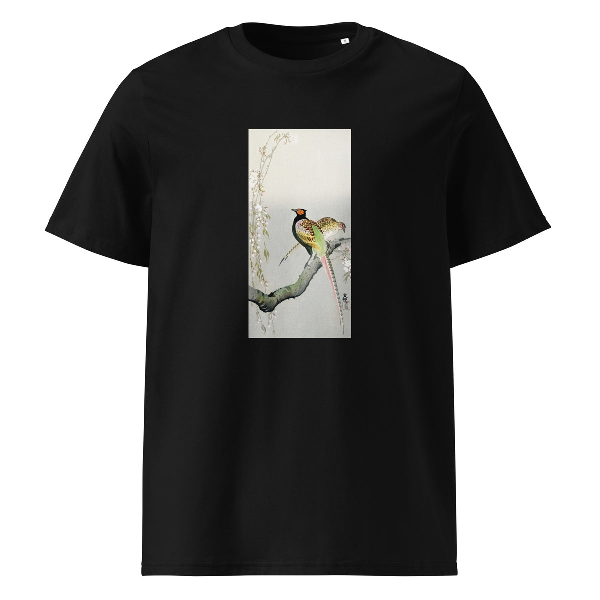 Black T-shirt Couple Pheasants And Cherry Blossom - Ohara Koson 1900 Premium