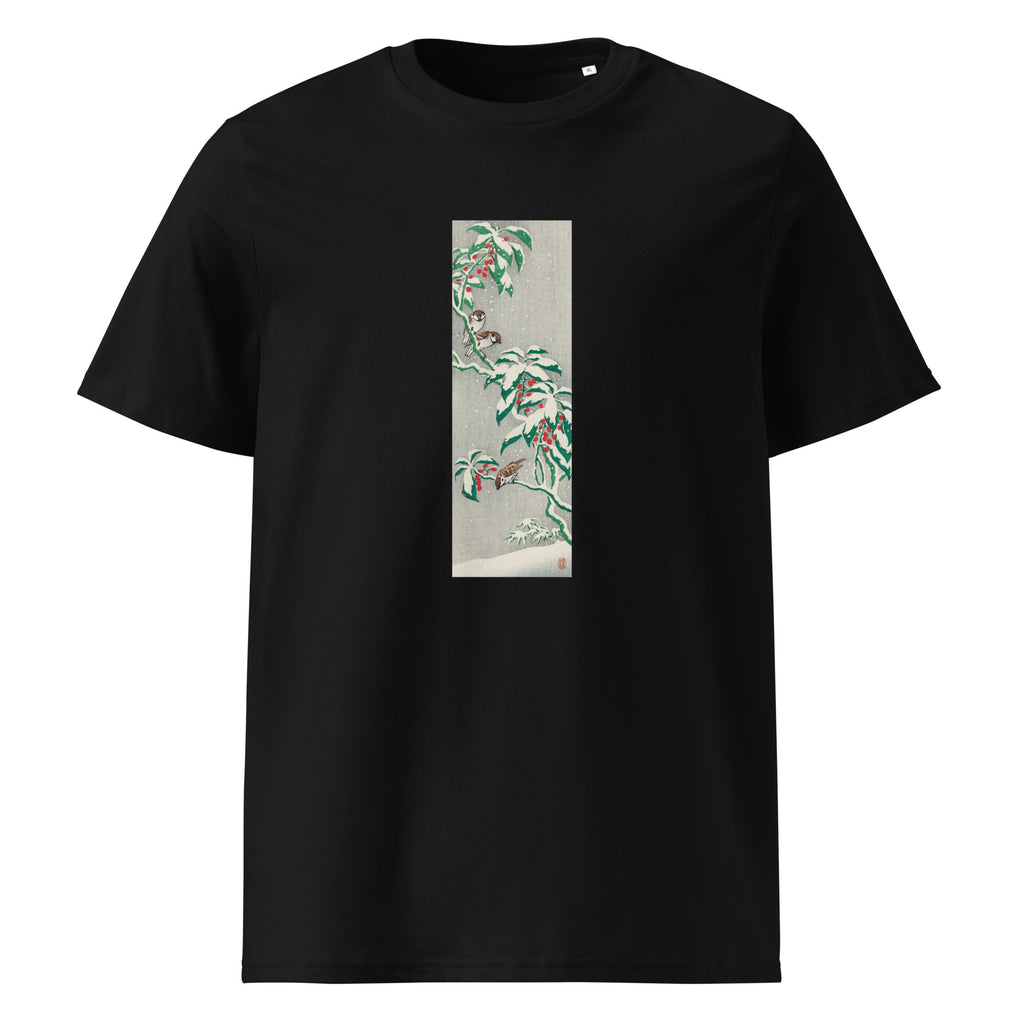 Black T-shirt Sparrows On Snowy Berry Bush Premium