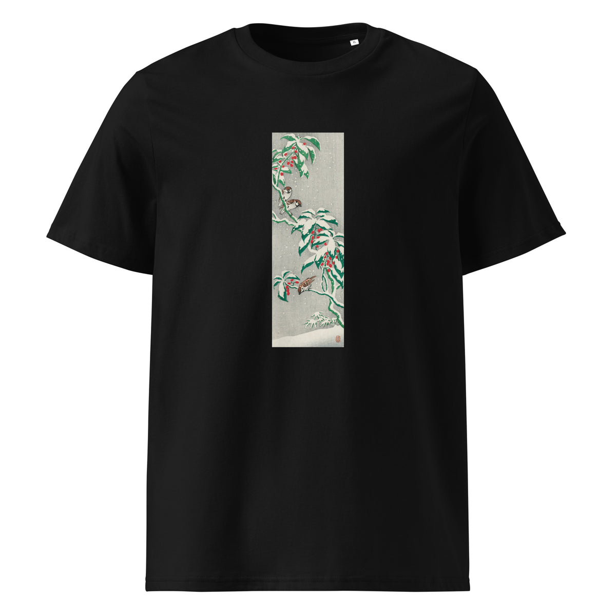Black T-shirt Sparrows On Snowy Berry Bush Premium