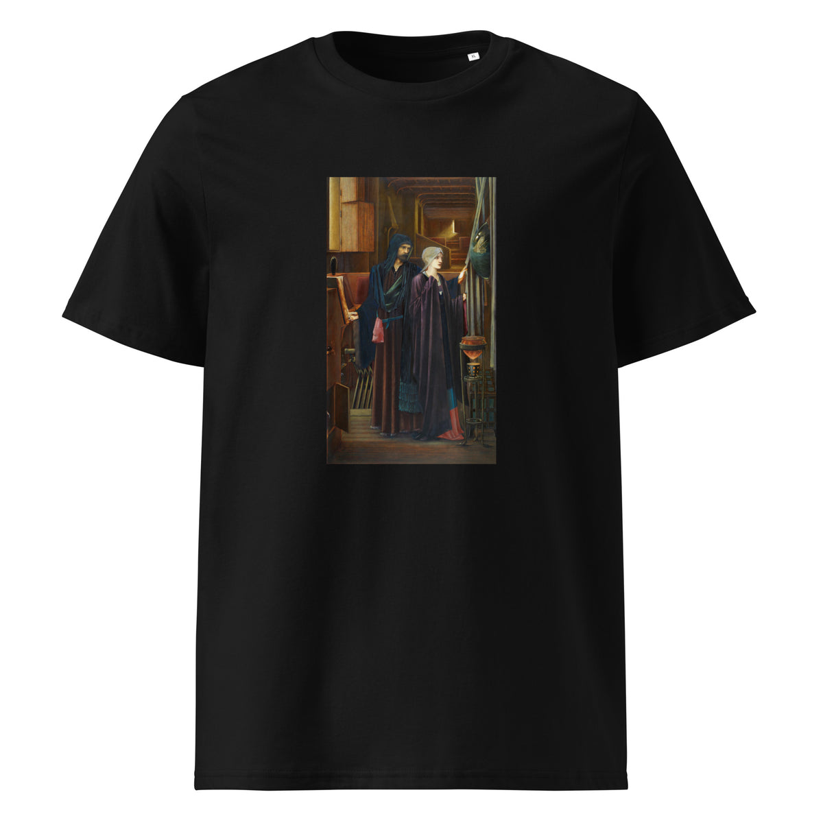 Black T-shirt The Wizard Two Figures In A Narrow Darkened Chamber A Bearded Man In A Heavy Robes Reveals A Convex Mirror To A Young Veiled Girl Behind A Drape Premium
