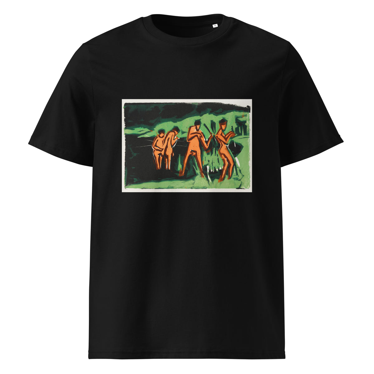 Black T-shirt Bathers Throwing Reeds Print Premium