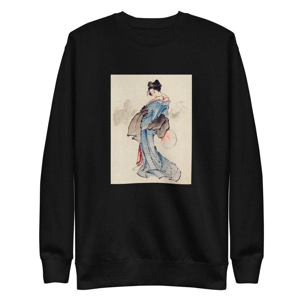 Black Sweater Woman Full-Length Portrait Standing Facing Left Holding Fan In Right Hand Wearing Kimono With Check Design - Katsushika Hokusai 1760 Signature