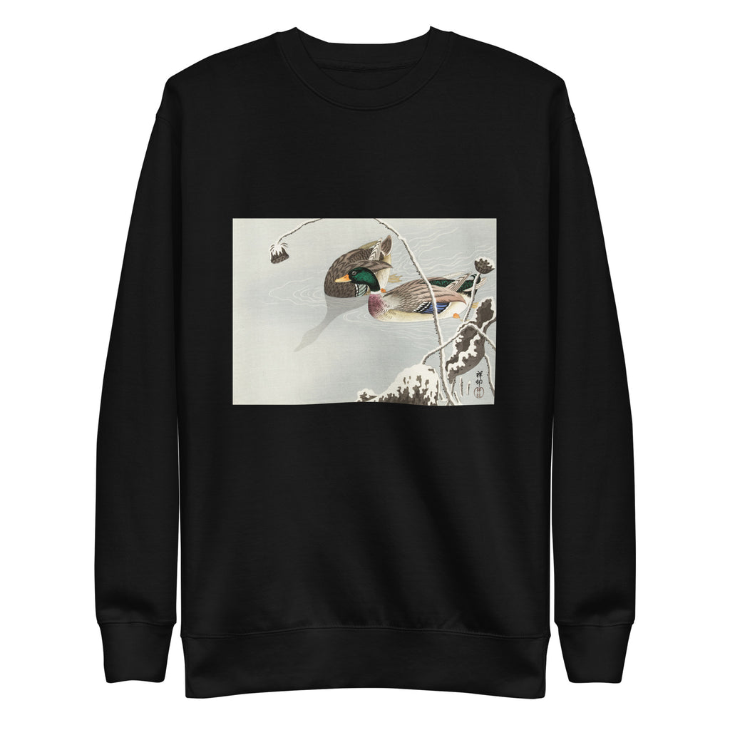 Black Sweater Two Mallards Near A Snow-Covered Lotus - Ohara Koson 1925 Signature
