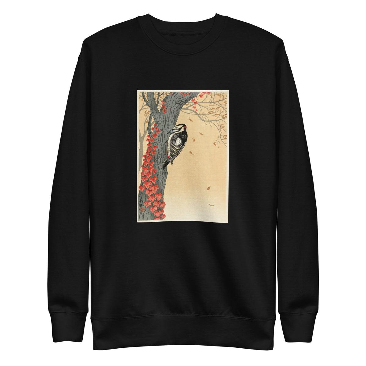 Black Sweater Great Spotted Woodpecker In Tree With Red Ivy - Ohara Koson 1925 Signature