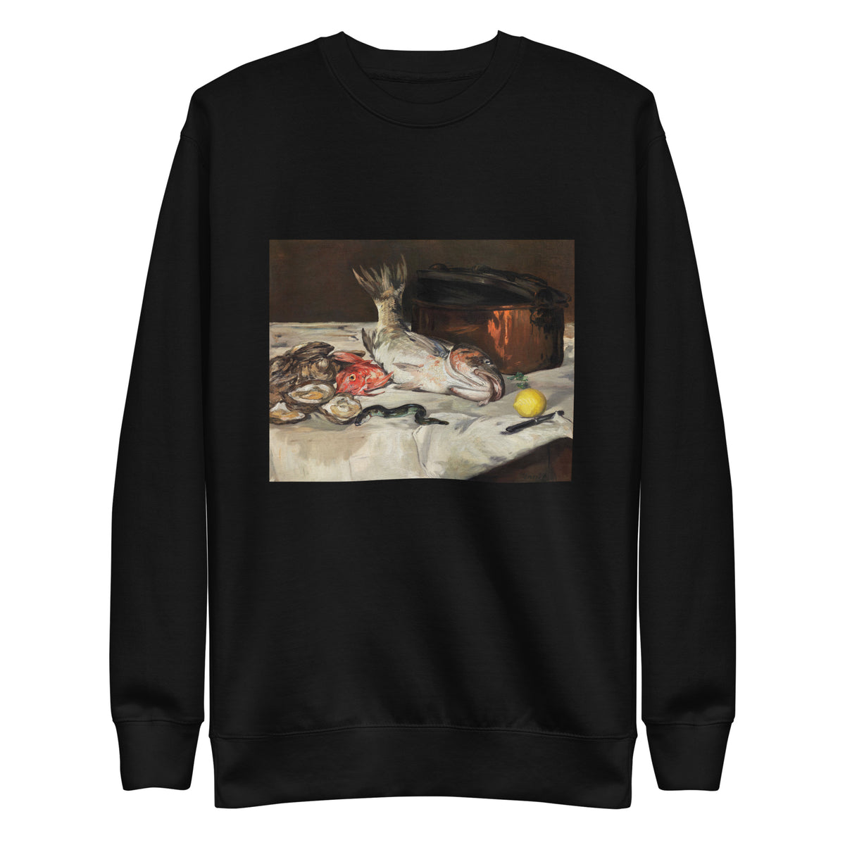 Black Sweater Fish Still Life Signature