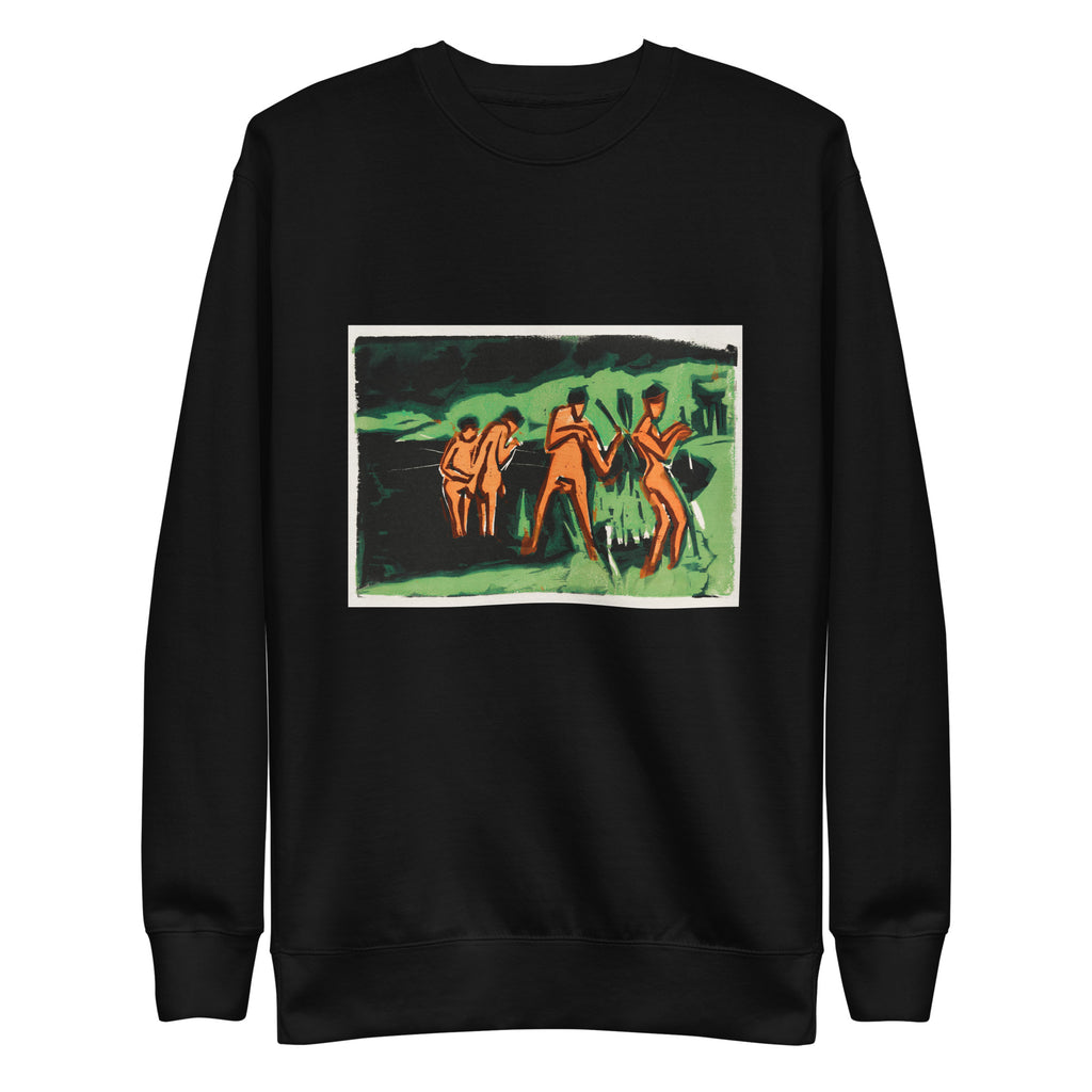 Black Sweater Bathers Throwing Reeds Print Signature