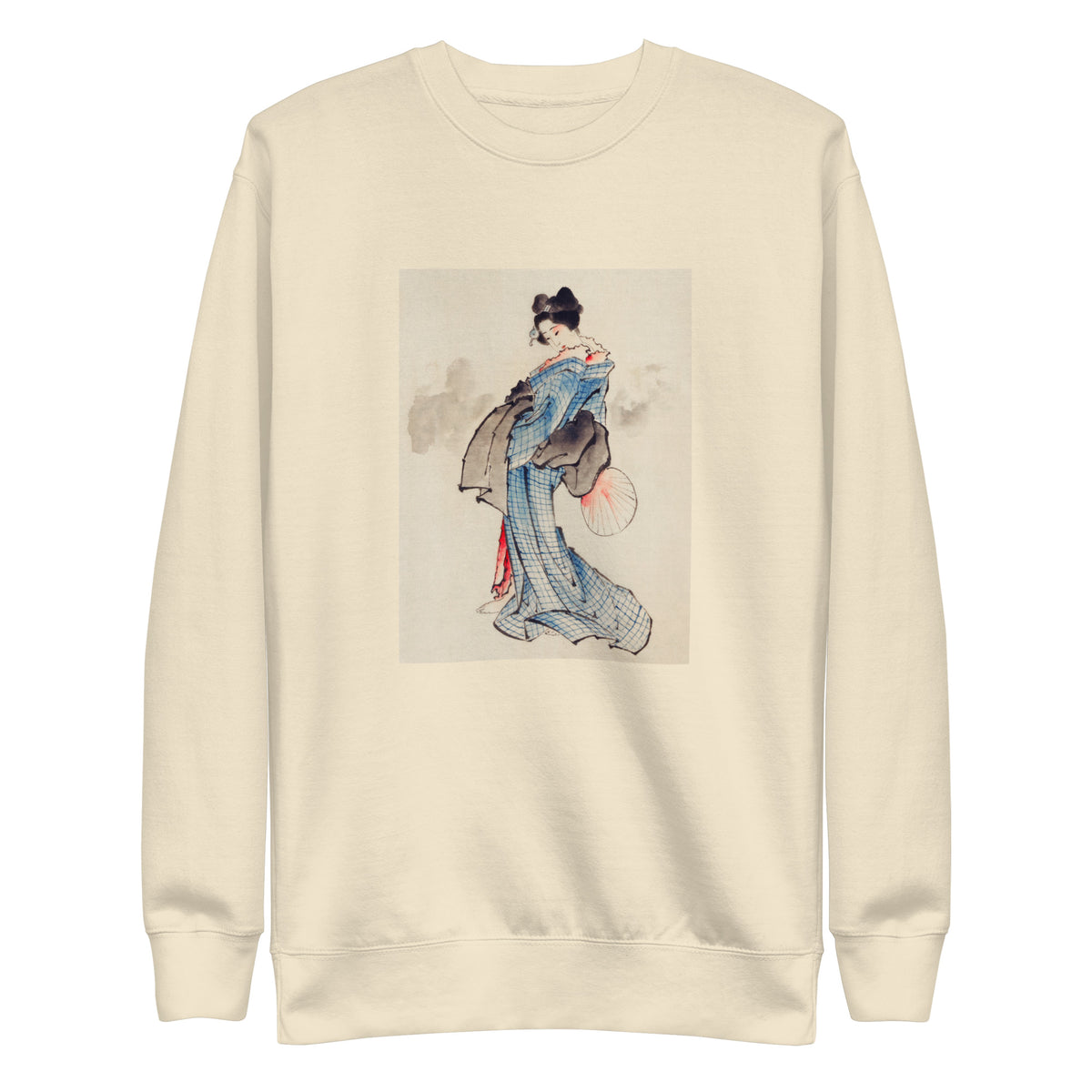 Sweater Woman Full-Length Portrait Standing Facing Left Holding Fan In Right Hand Wearing Kimono With Check Design - Katsushika Hokusai 1760 Signature