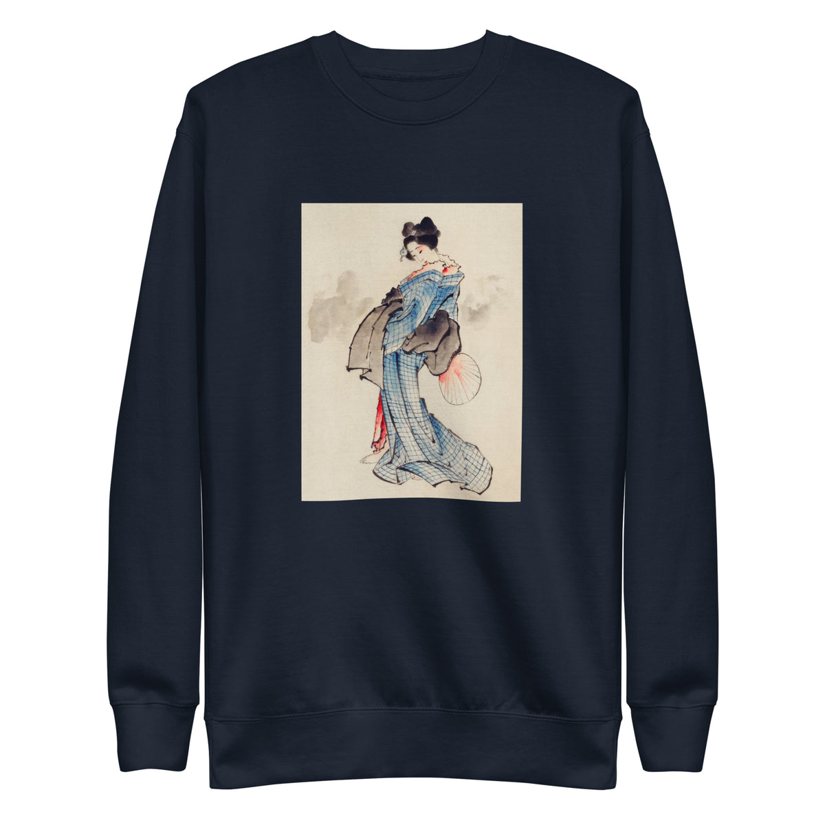 Navy Sweater Woman Full-Length Portrait Standing Facing Left Holding Fan In Right Hand Wearing Kimono With Check Design - Katsushika Hokusai 1760 Signature