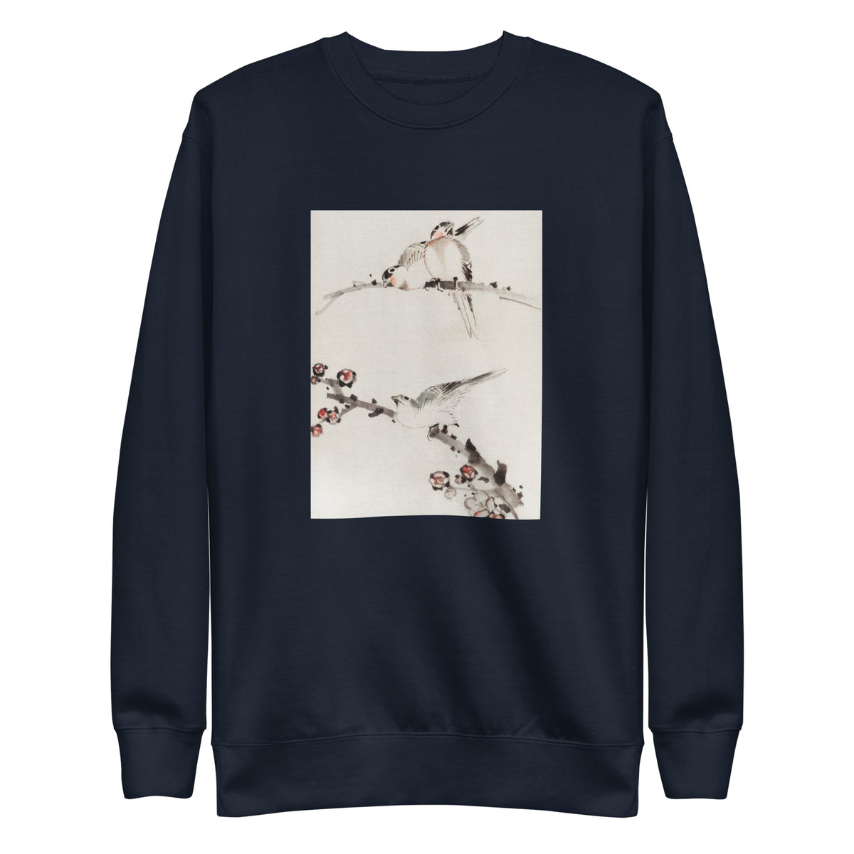 Navy Sweater Three Birds Perched On Branches One With Blossoms - Katsushika Hokusai Published Between 1830 And 1850 An Illustration Of Three Birds Perched On Branches One With Blossoms Signature