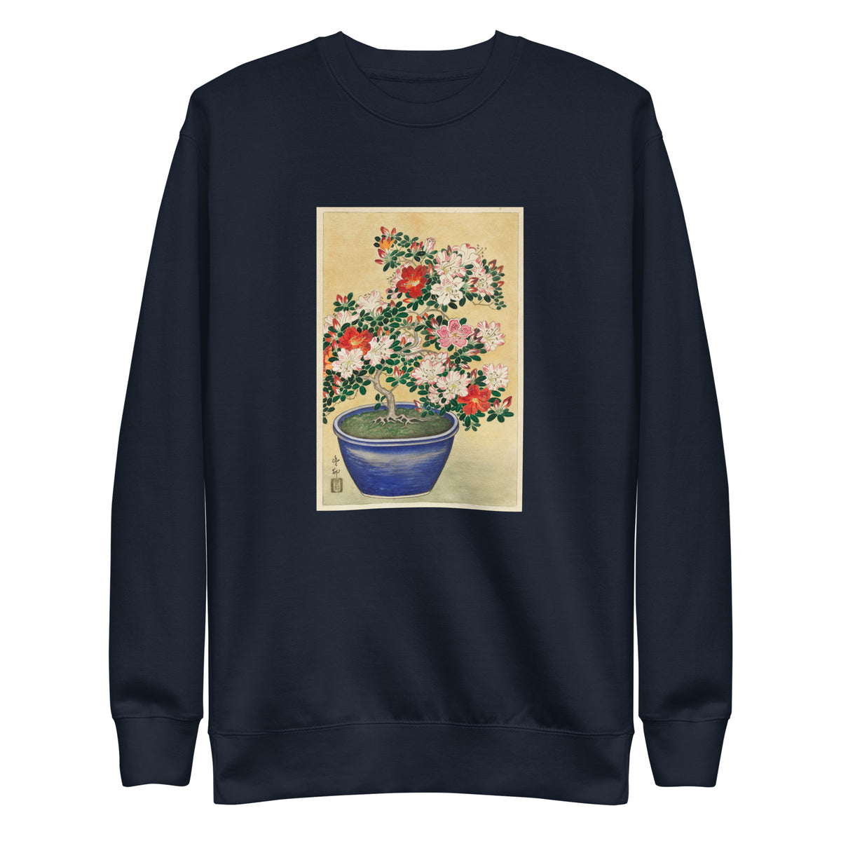 Navy Sweater Blooming Azalea In Blue Pot - Ohara Koson 1920 Signature