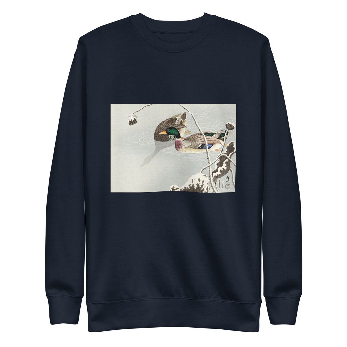 Navy Sweater Two Mallards Near A Snow-Covered Lotus - Ohara Koson 1925 Signature