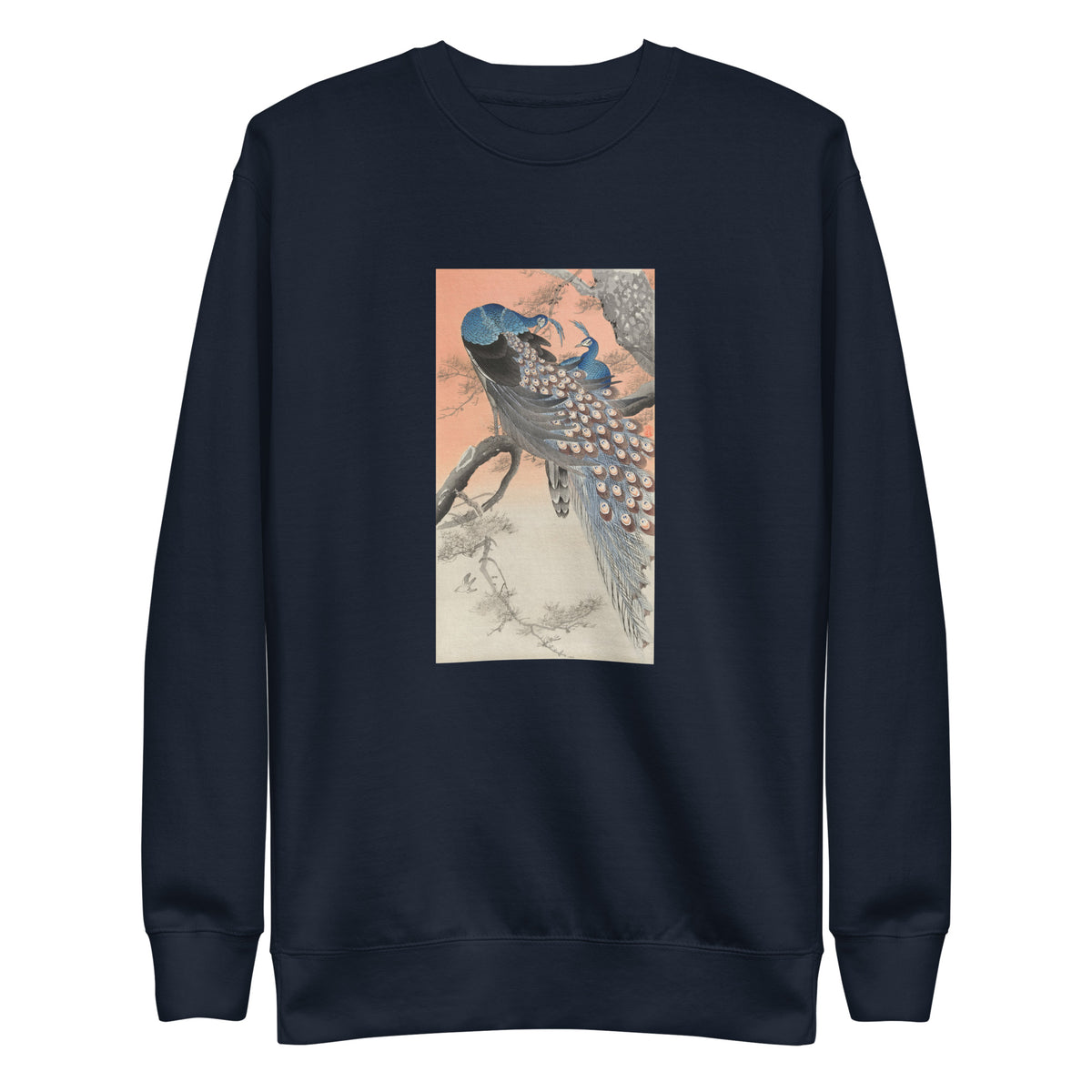 Navy Sweater Two Peacocks On Tree Branch - Ohara Koson 1900 Signature