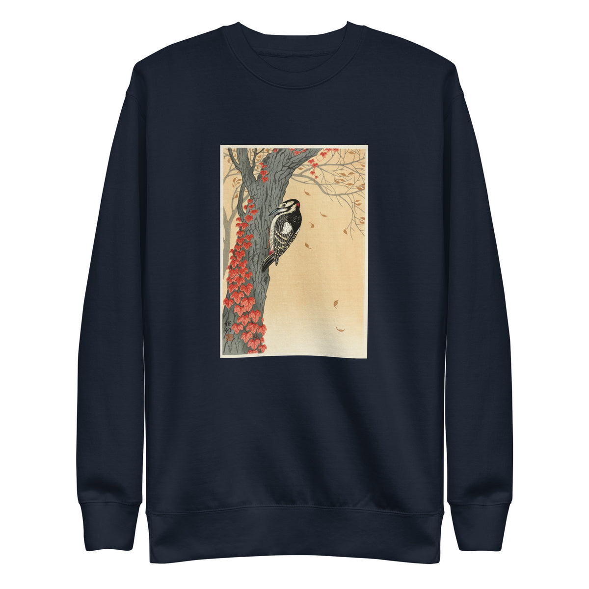 Navy Sweater Great Spotted Woodpecker In Tree With Red Ivy - Ohara Koson 1925 Signature
