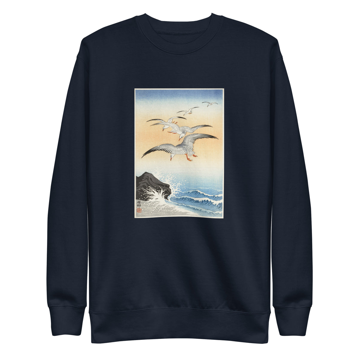 Navy Sweater Five Seagulls Above Turbulent Sea - Ohara Koson 1900 Signature