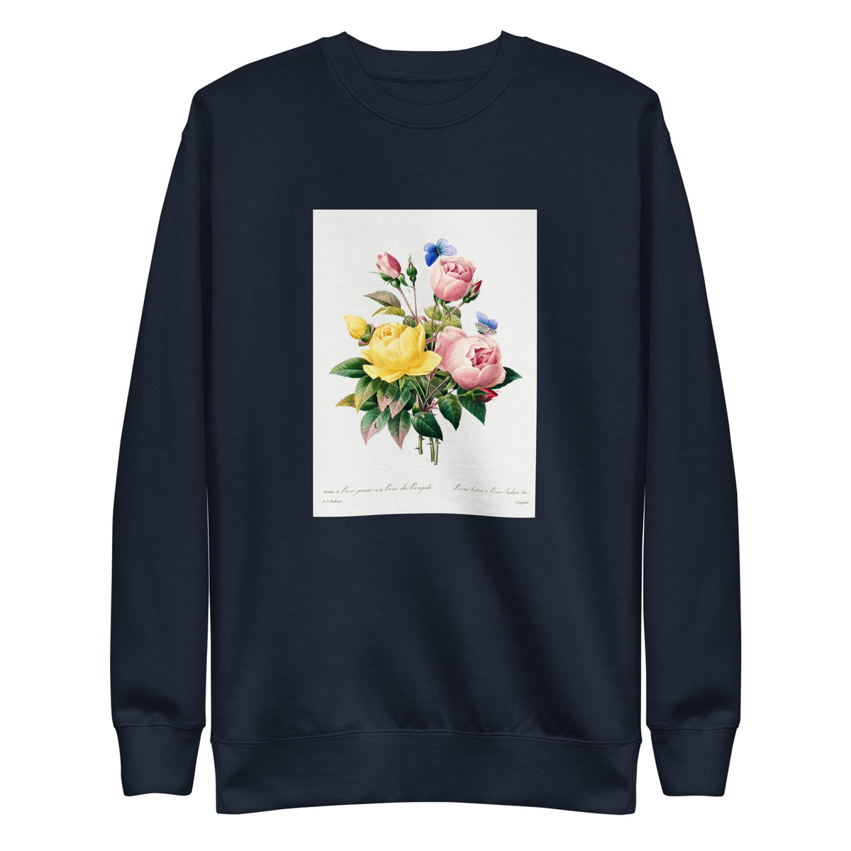 Navy Sweater Yellow Rose And Cabbage Rose - Pierre-Joseph Redoute 1759 Signature