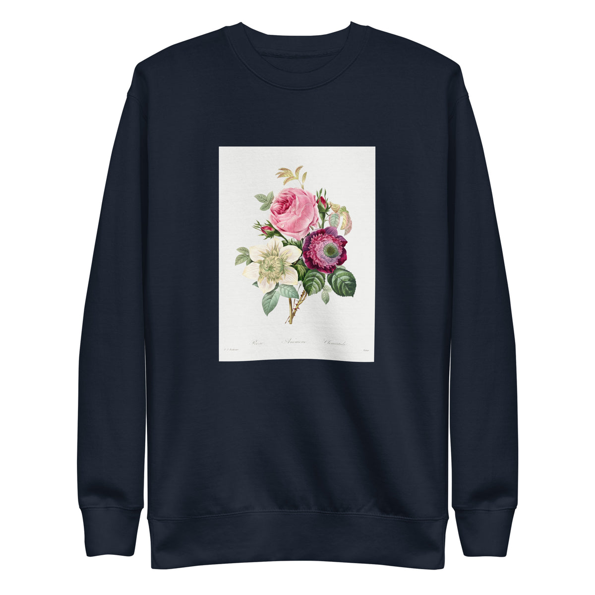 Navy Sweater Anemone And Cabbage Rose - Pierre-Joseph Redoute 1759 Signature