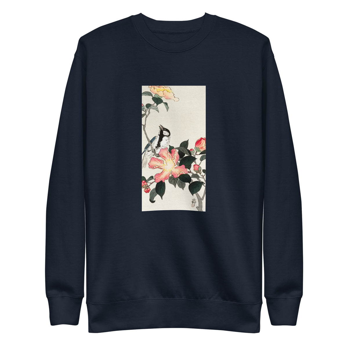 Navy Sweater Great Tit On Branch With Pink Flowers - Ohara Koson 1900 Signature