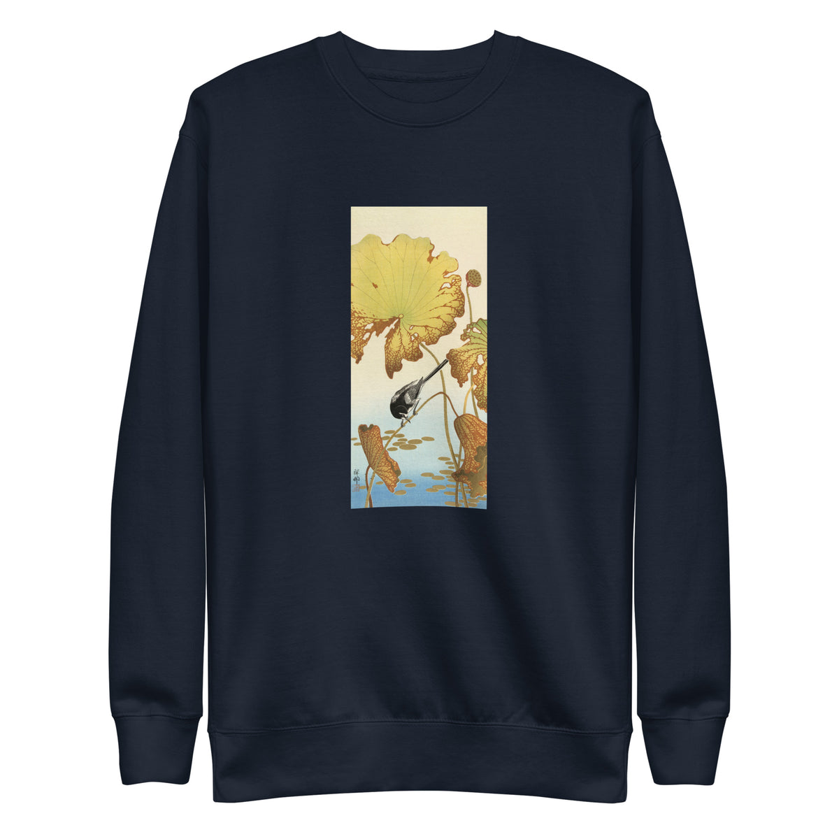Navy Sweater Japanese Wagtail On Lotus Plant - Ohara Koson 1925 Signature