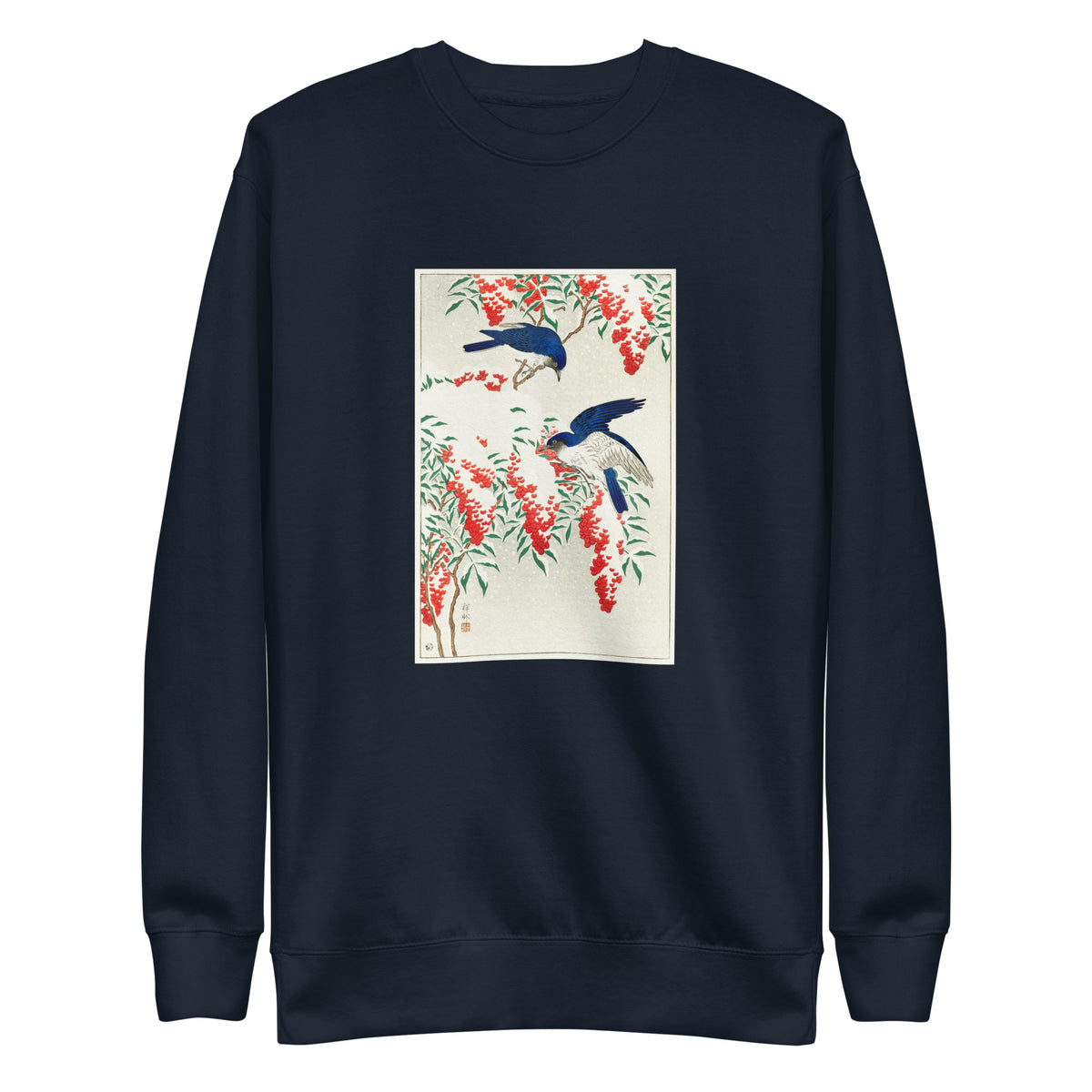 Navy Sweater Flycatchers On A Nandina Bush - Ohara Koson 1925 Signature