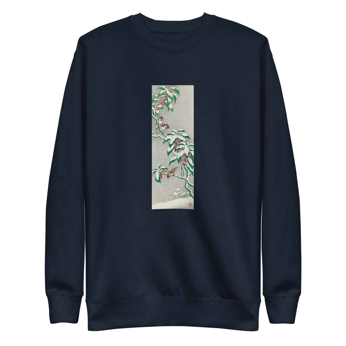 Navy Sweater Sparrows On Snowy Berry Bush Signature