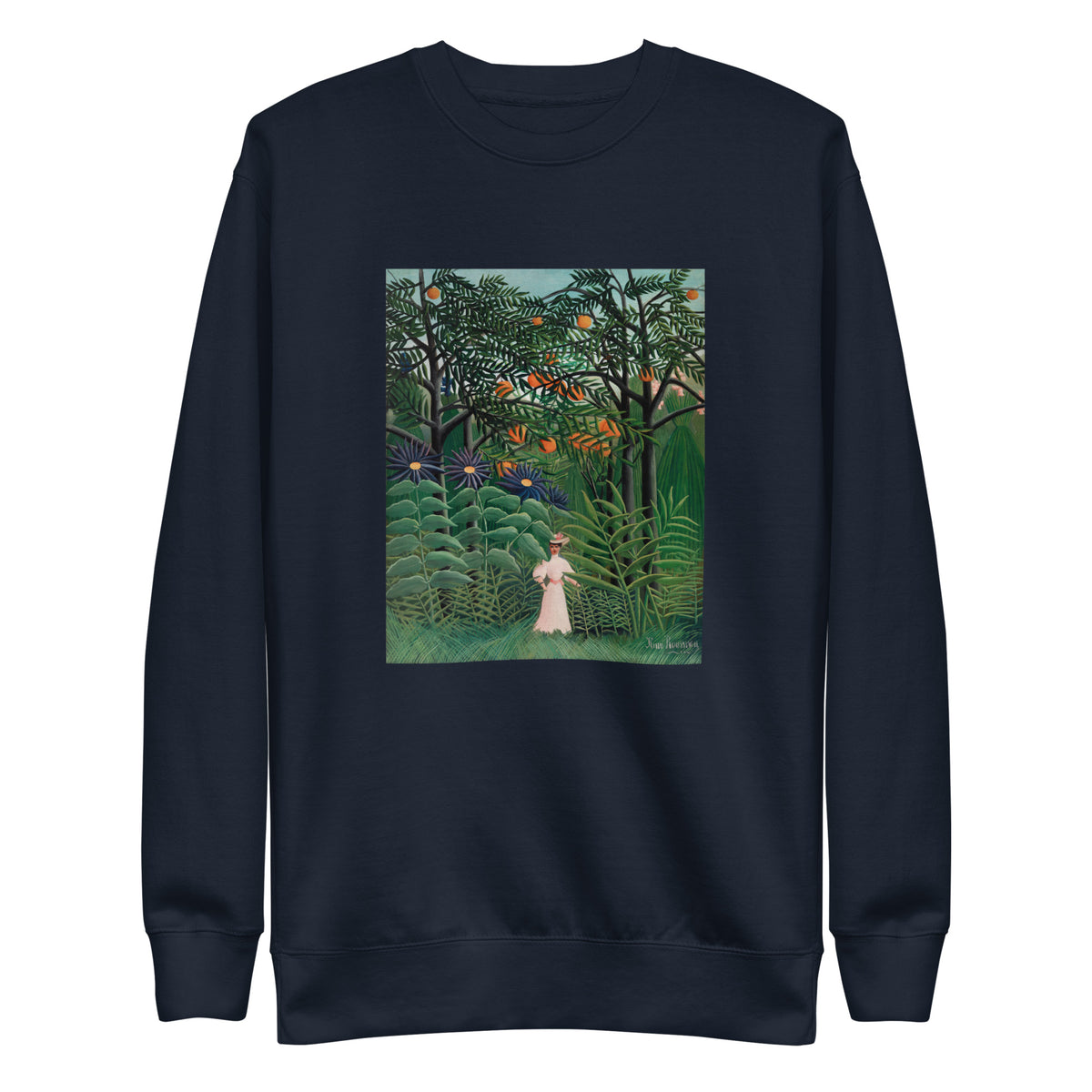 Navy Sweater Woman Walking In An Exotic Forest Femme Se Promenant Dans Une Foret Exotique Signature