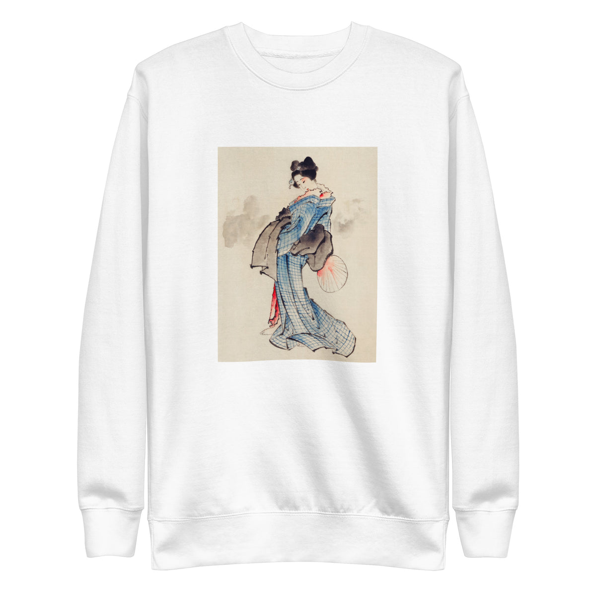 White Sweater Woman Full-Length Portrait Standing Facing Left Holding Fan In Right Hand Wearing Kimono With Check Design - Katsushika Hokusai 1760 Signature