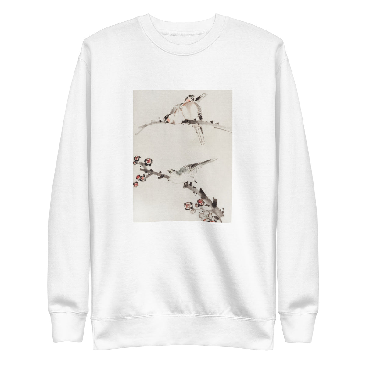 White Sweater Three Birds Perched On Branches One With Blossoms - Katsushika Hokusai Published Between 1830 And 1850 An Illustration Of Three Birds Perched On Branches One With Blossoms Signature