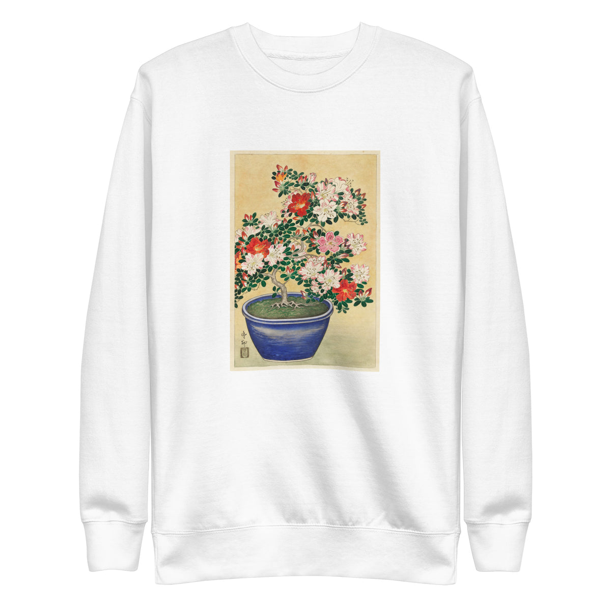 White Sweater Blooming Azalea In Blue Pot - Ohara Koson 1920 Signature