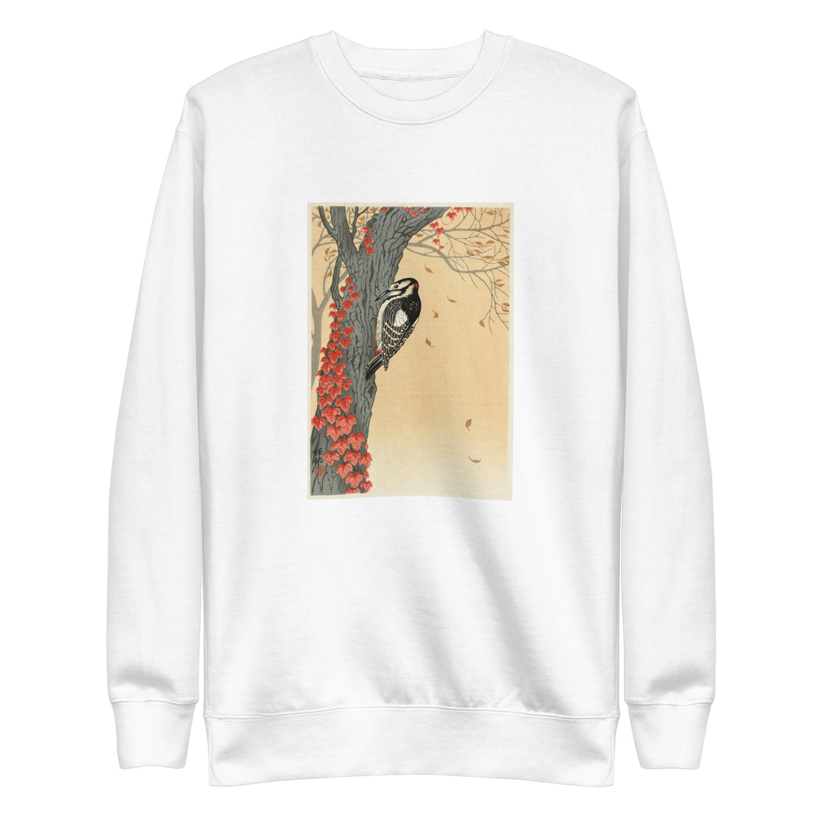 White Sweater Great Spotted Woodpecker In Tree With Red Ivy - Ohara Koson 1925 Signature