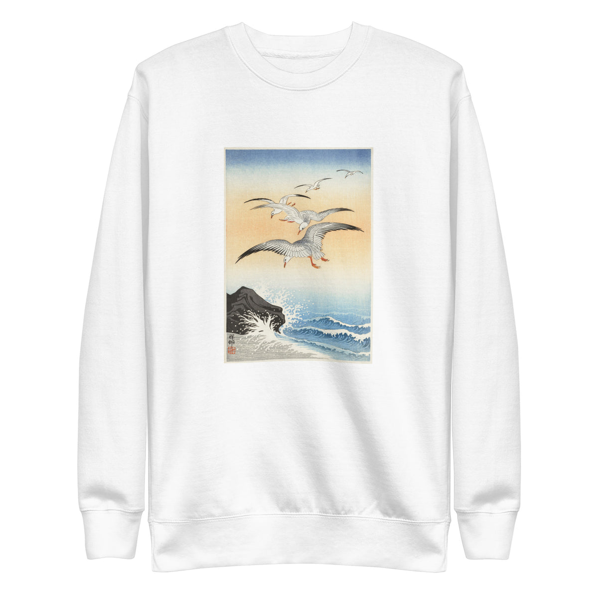 White Sweater Five Seagulls Above Turbulent Sea - Ohara Koson 1900 Signature