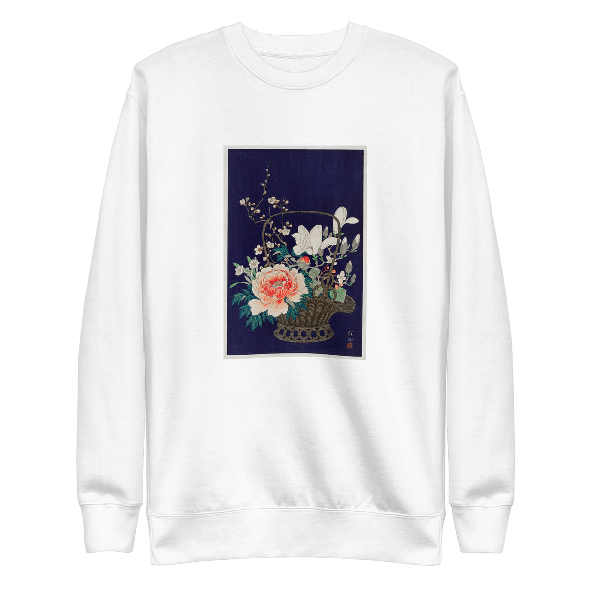 White Sweater Bamboo Flower Basket - Ohara Koson 1932 Signature
